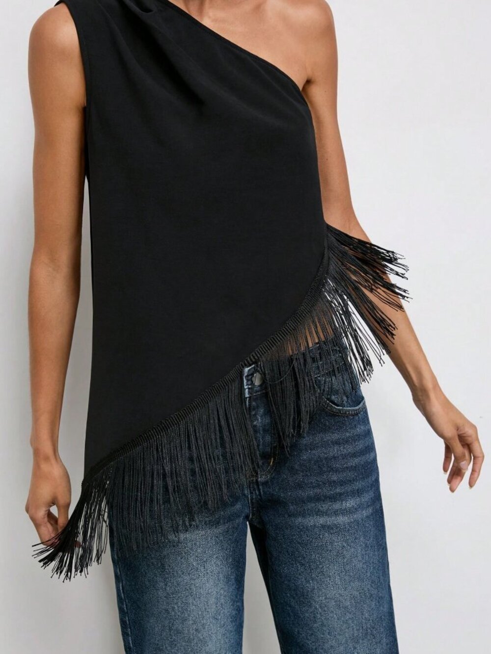 Black Casual Women's Loose Fringe Hem Sleeveless Asymmetrical Neckline Blouse